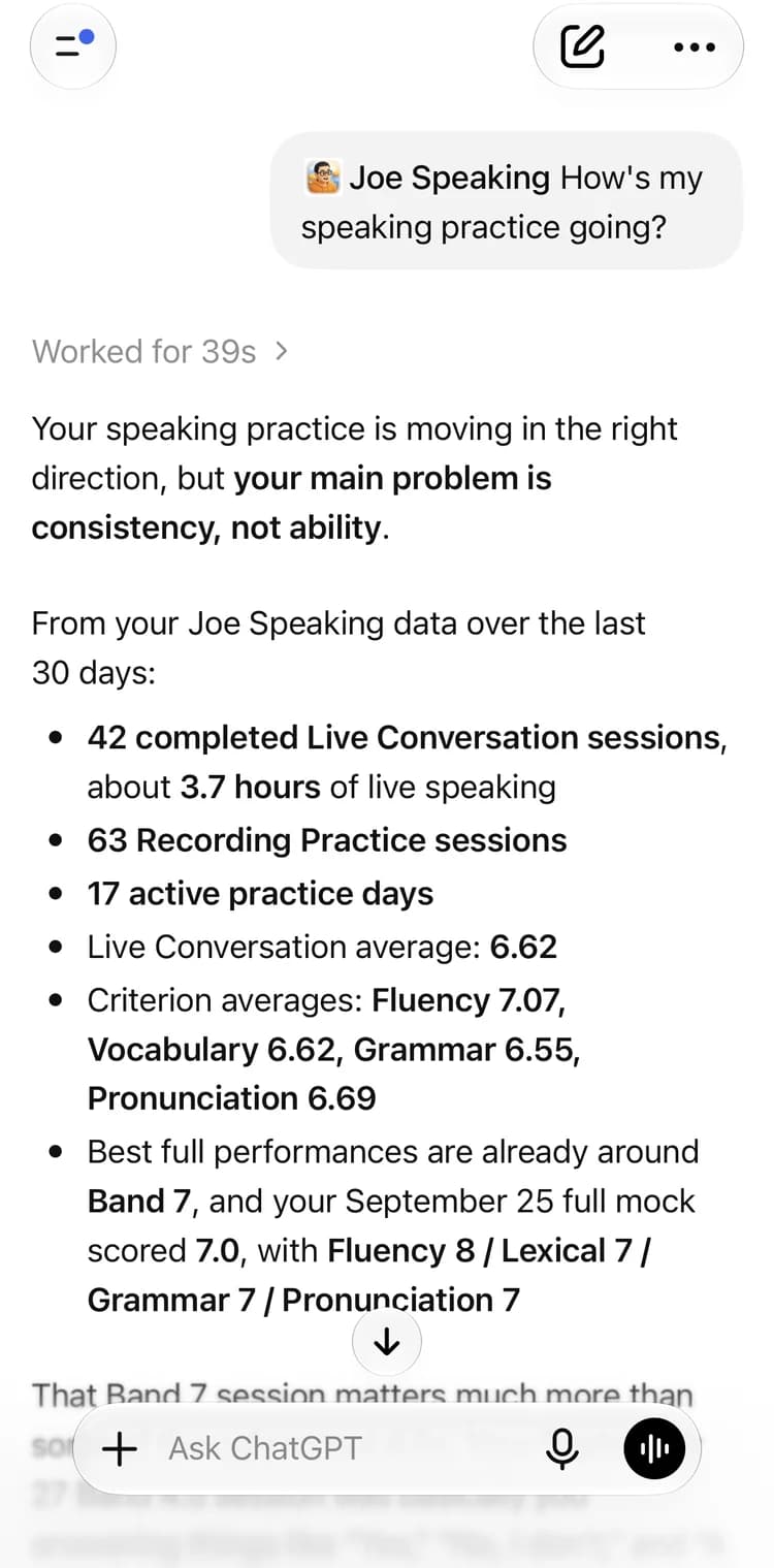 ChatGPT answering: How’s my speaking practice going?